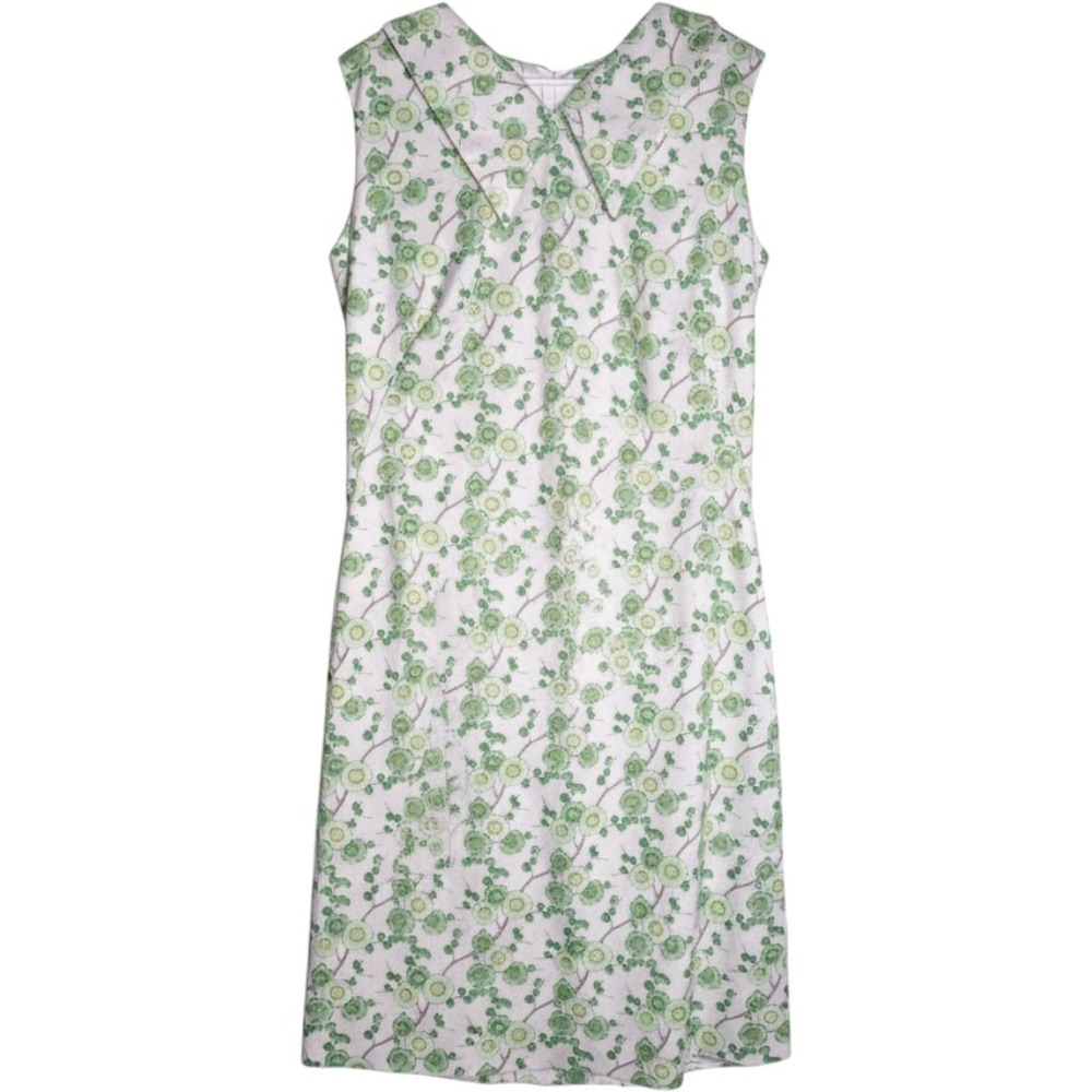 Vintage 70s Green Floral Cherry Blossom Shift Dress Oversized Collar L